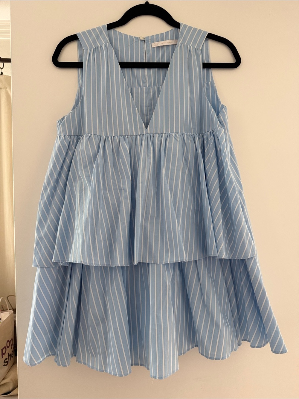 Zara Light Blue & White Striped Mini Tiered Dress Romper with pockets